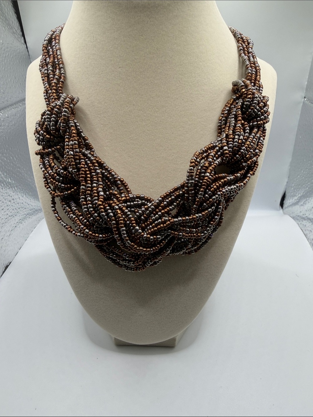 Braided Multi-Strand Beaded Necklace in Brown and Black